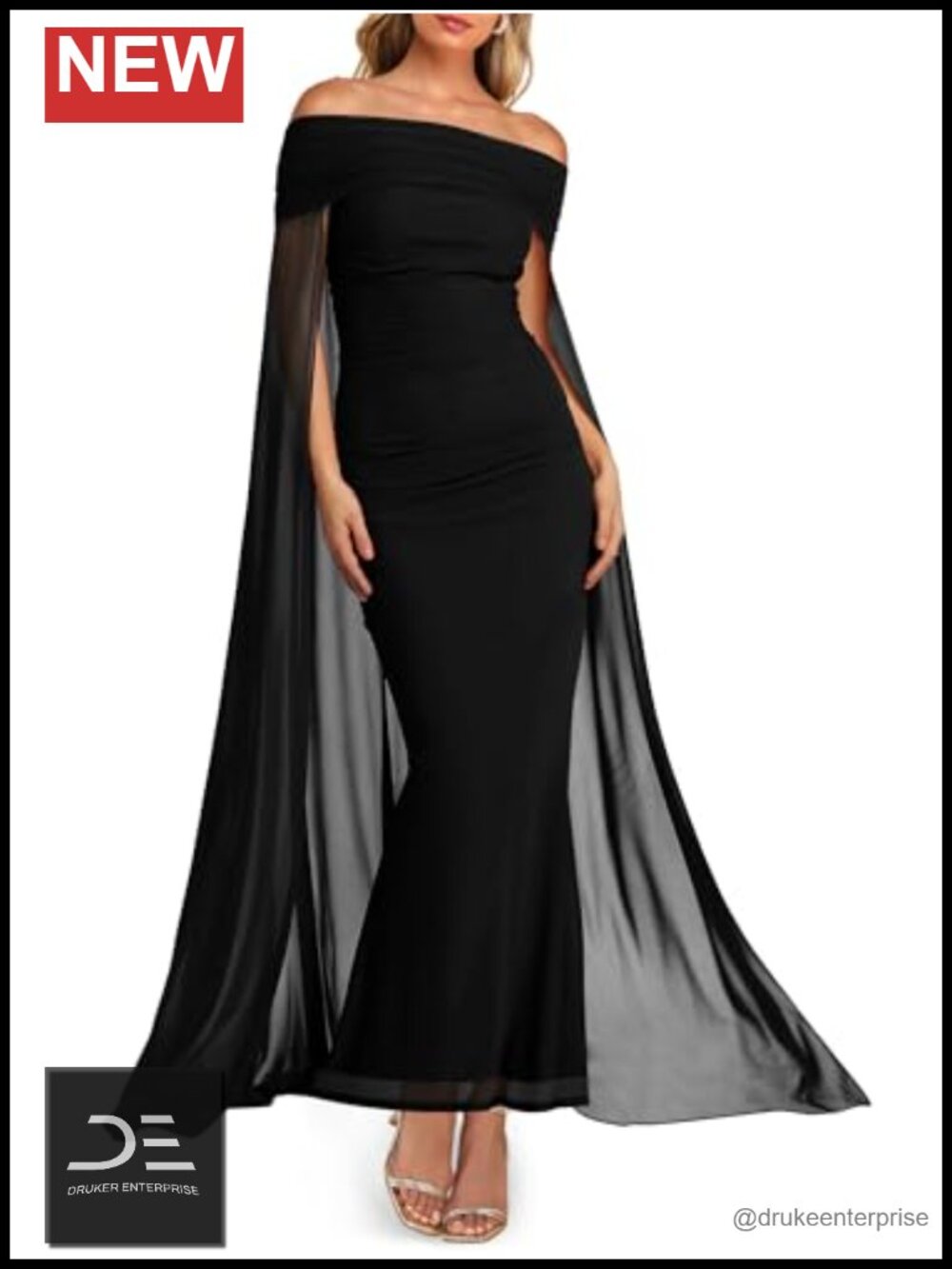 Off Shoulder Formal Maxi Dress Cape Overlay Long Flowy Evening Party Gown